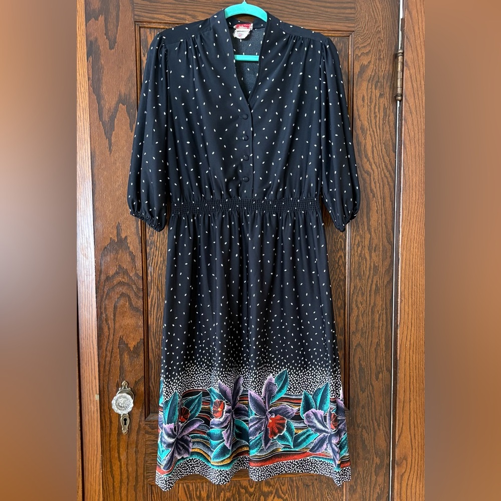 Vintage 80s Lehigh Dress – Black Polka Dot Floral Border – Made in USA – Size M